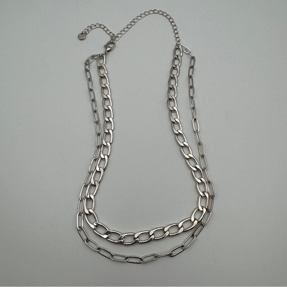 CN Silver Tone Layered Chain Necklace Double Strand Adjustable 15-21 - Picture 1 of 3